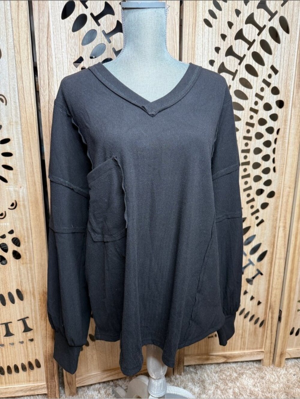 Black V-Neck Textured Waffle Knit Top with Patch Pocket
